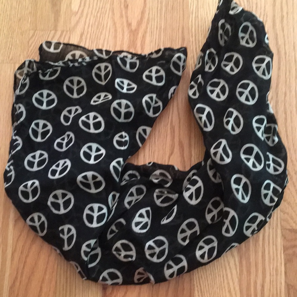 NEW Black scarf white peace signs 17”x62”